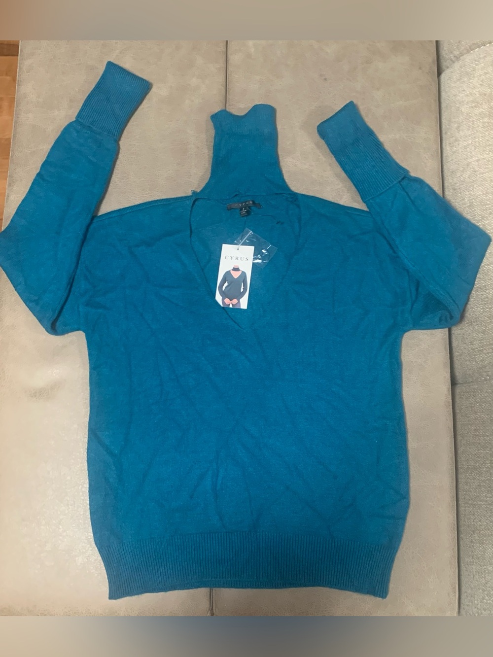 Cyrus Women Teal Soft Knit Intellect Vneck Cut-Out Turtleneck Sweater NEW S -$89
